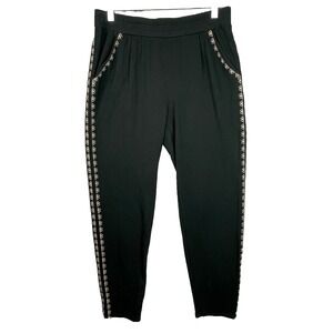Garnet Hill Pants Womens XS Black Embroidered Tribal Sides Pull On Comfort